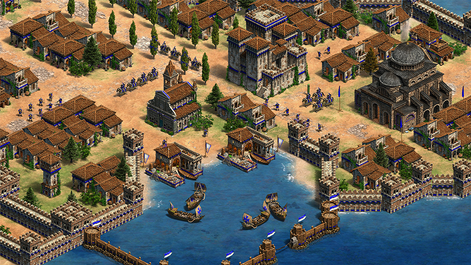 <strong>ADVANCE THROUGH THE&nbsp;AGES</strong> <span>Gather resources. Build up your settlement. Research new technologies, and advance your civilisation from the Dark Ages through to the Imperial Age.</span>