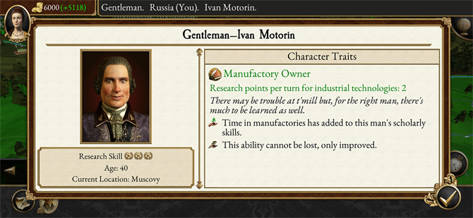 Gentleman character details screen with the Manufactory Owner Trait open