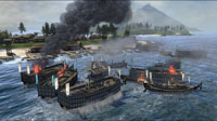 Firebombs and flaming arrows do great damage to wooden ships in a coastal battle.