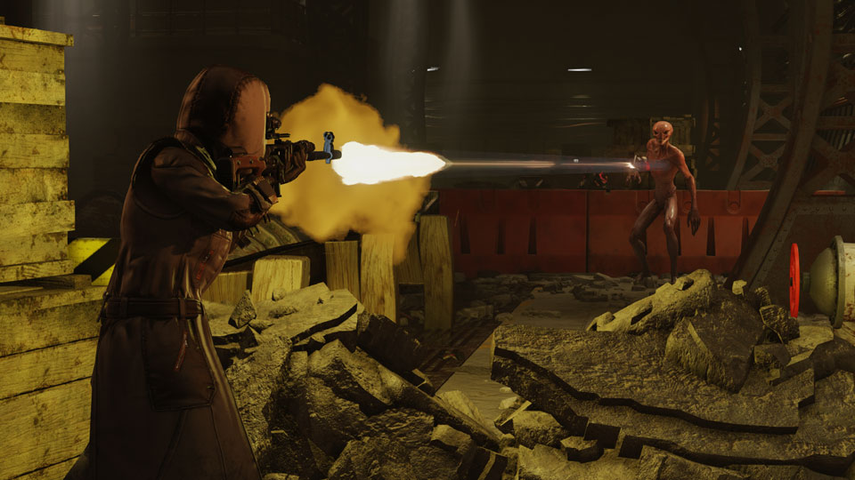 A soldier from the Reaper faction opens fire on a Sectoid using a Vektor rifle.